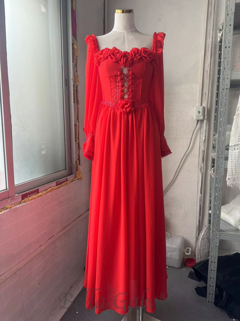 Chiffon 3D Flower Long Sleeve Midi Dress in red