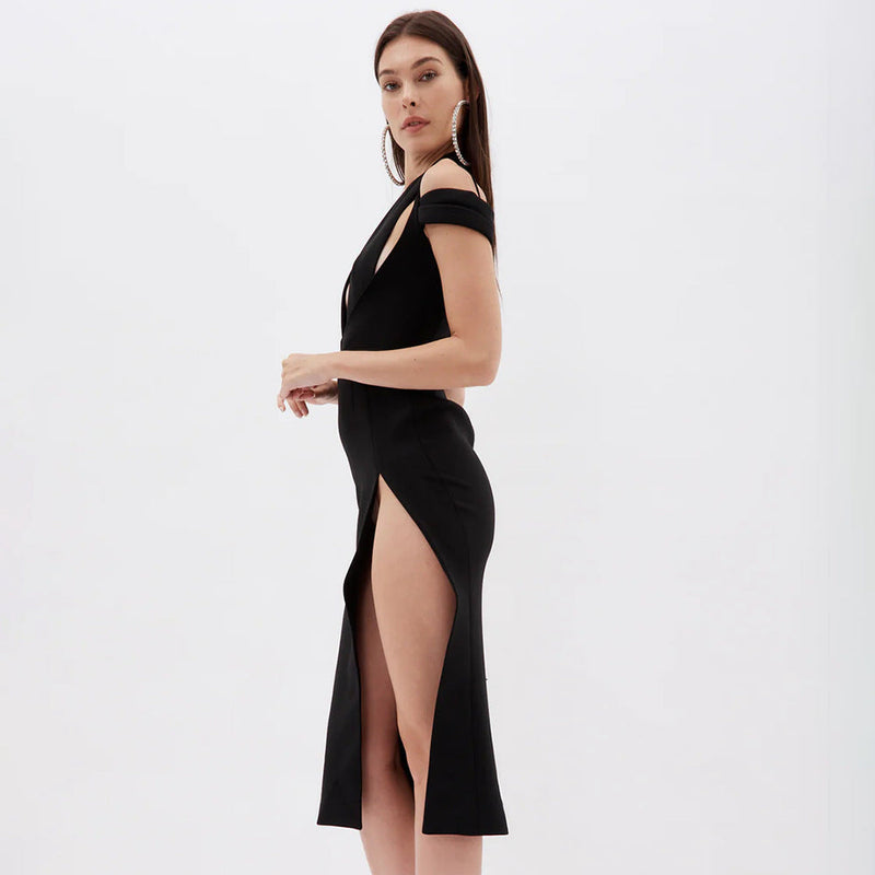 CROSS HALTER CUT OUT SLIT MIDI DRESS IN BLACK