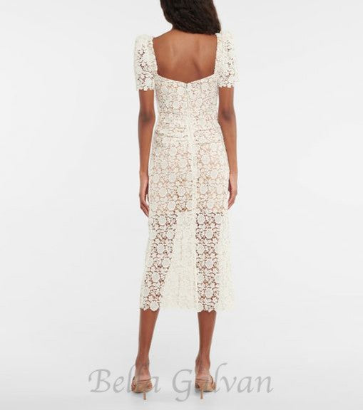 EMBELLISHED GUIPURE LACE MIDI DRESS IN WHITE