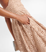 MACRAMÉ HALTERNECK COTTON-BLEND MIDI DRESS IN NUDE