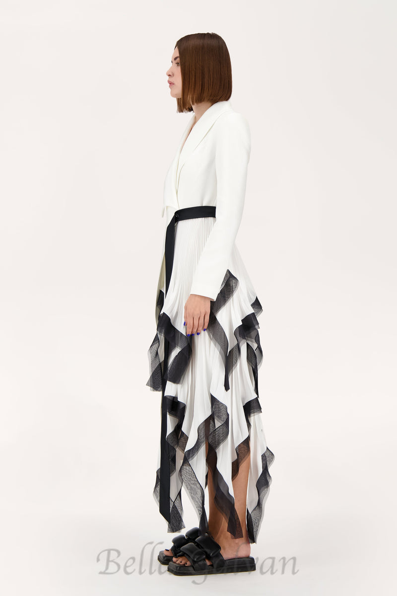 Asymmetric pleated ruffle trim blazer dress in white