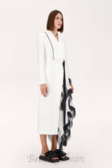 Asymmetric pleated ruffle trim blazer dress in white