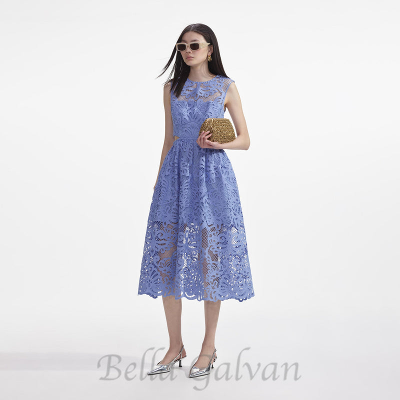 FANNY CUT-OUT LACE EMBROIDERY MIDI DRESS IN BLUE