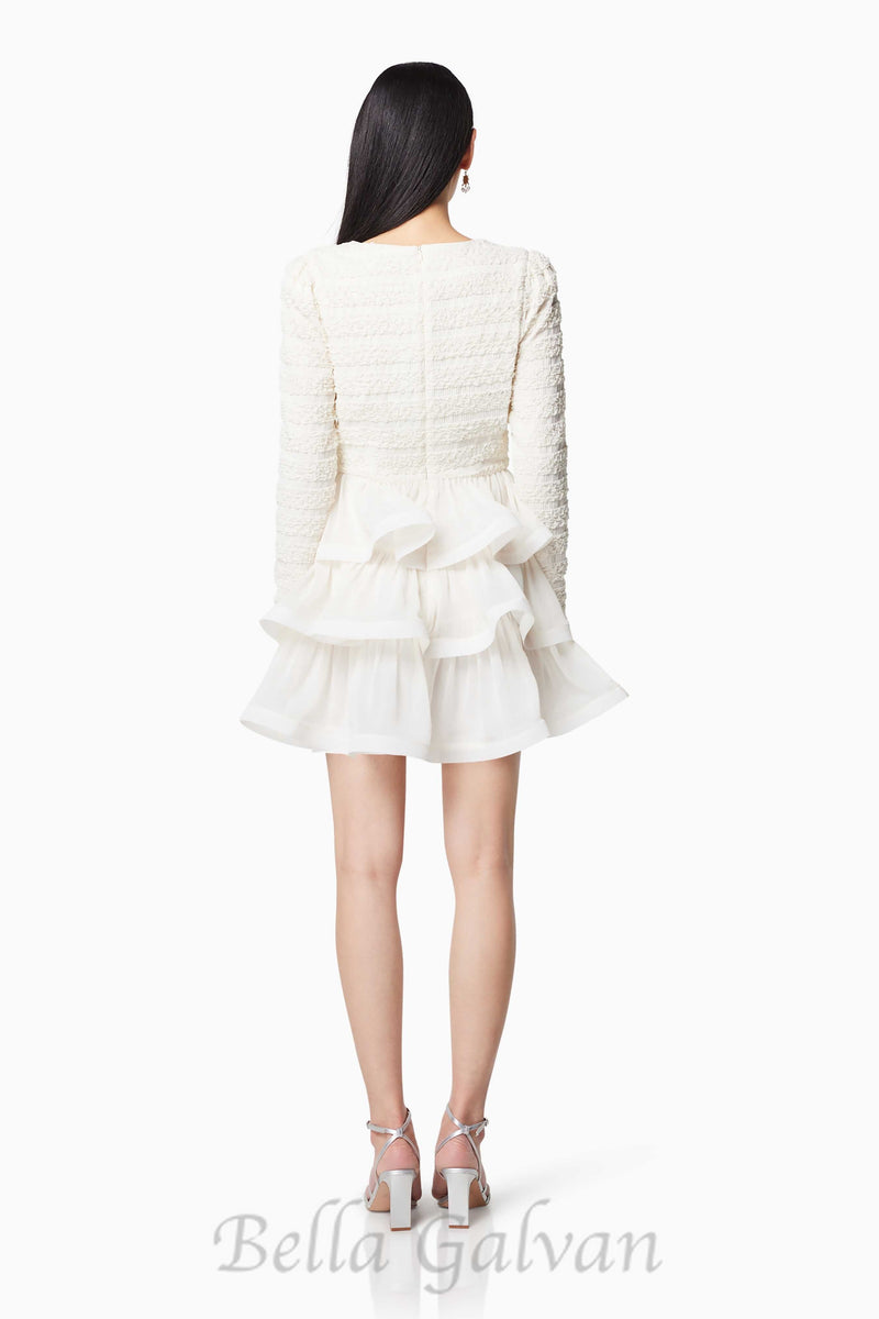 Ruffle trim Long Sleeved Mini Dress in white