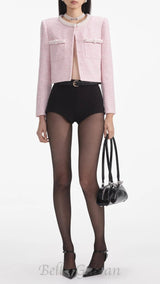 Pink Boucle Pearl Trim Jacket