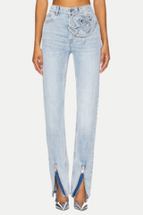 Quinta Floral Zip-Hem Skinny Jeans in pale blue