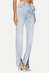 Quinta Floral Zip-Hem Skinny Jeans in pale blue