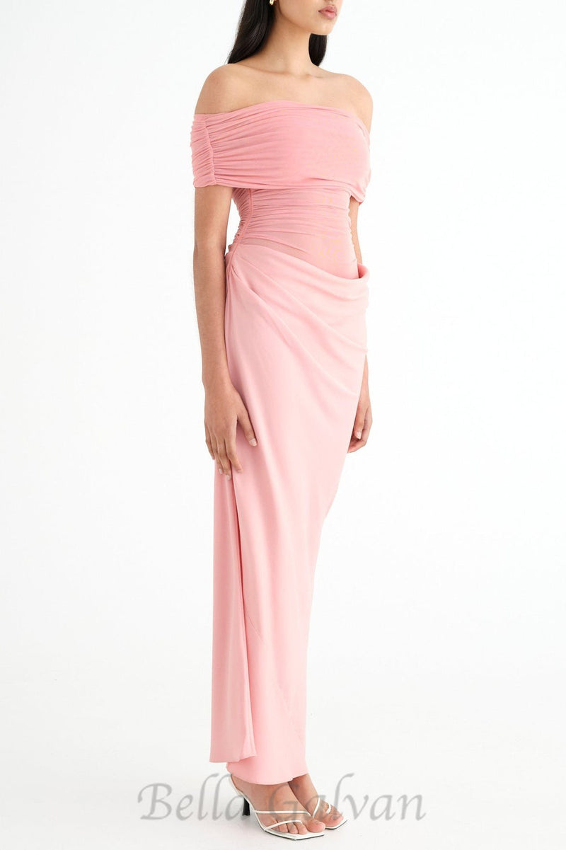 Reanko Off Shoulder Ruched Mesh Maxi Dress in Pink