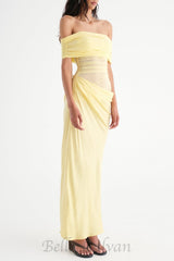 Reanko Off Shoulder Ruched Mesh Maxi Dress - Yellow