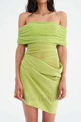 Off Shoulder Ruched Mesh Mini Dress in Green