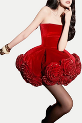 Sebast Flower Strapless Velvet Mini Dress in Red