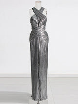 ELSA METALLIC CRISS CROSS HALTER NECK GOWN