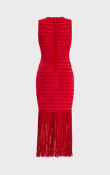 RED TEXTURED CHENILLE FRINGE MIDI DRESS