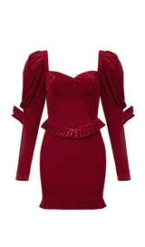 VELVET PUFF SLEEVE MINI DRESS IN WINE RED