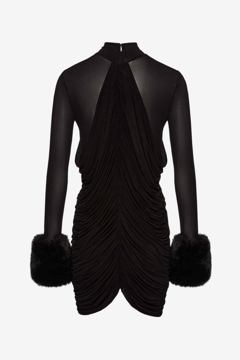 Vevida Ruched Mesh Faux Fur Mini Dress in black