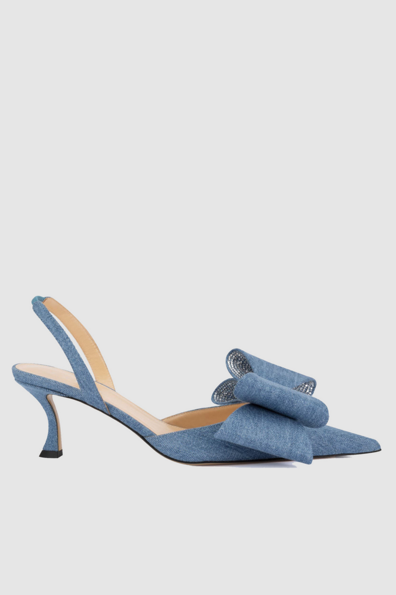 Violeta Bow-embellished Denim Slingback Pumps - Blue