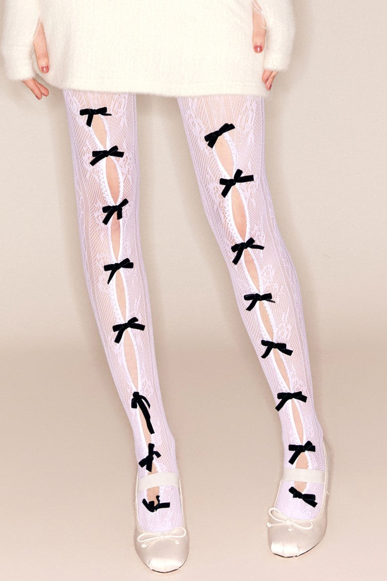 Yara Bowknot Fishnet Stockings - White