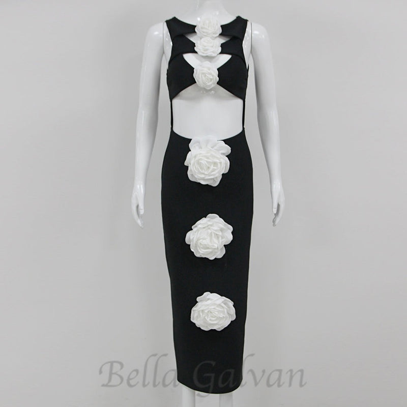 3D FLOWER CUT OUT BODYCON MIDI DRESS IN BLACK