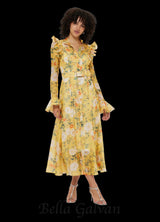 Daisy Print Butterfly Sleeve Midi Dress in yellow