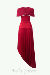 Spaghetti Strap Asymmetric Pleated midi Dress in red