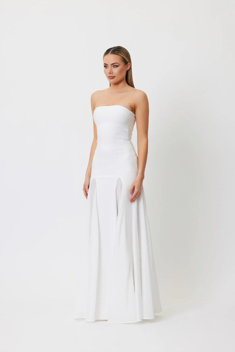 pleated trim strapless maxi dress in white