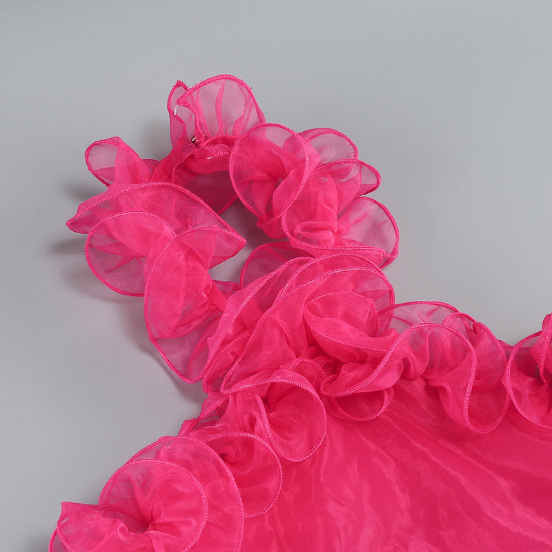 HOT PINK ORGANZA RUFFLED HALTER MINI DRESS