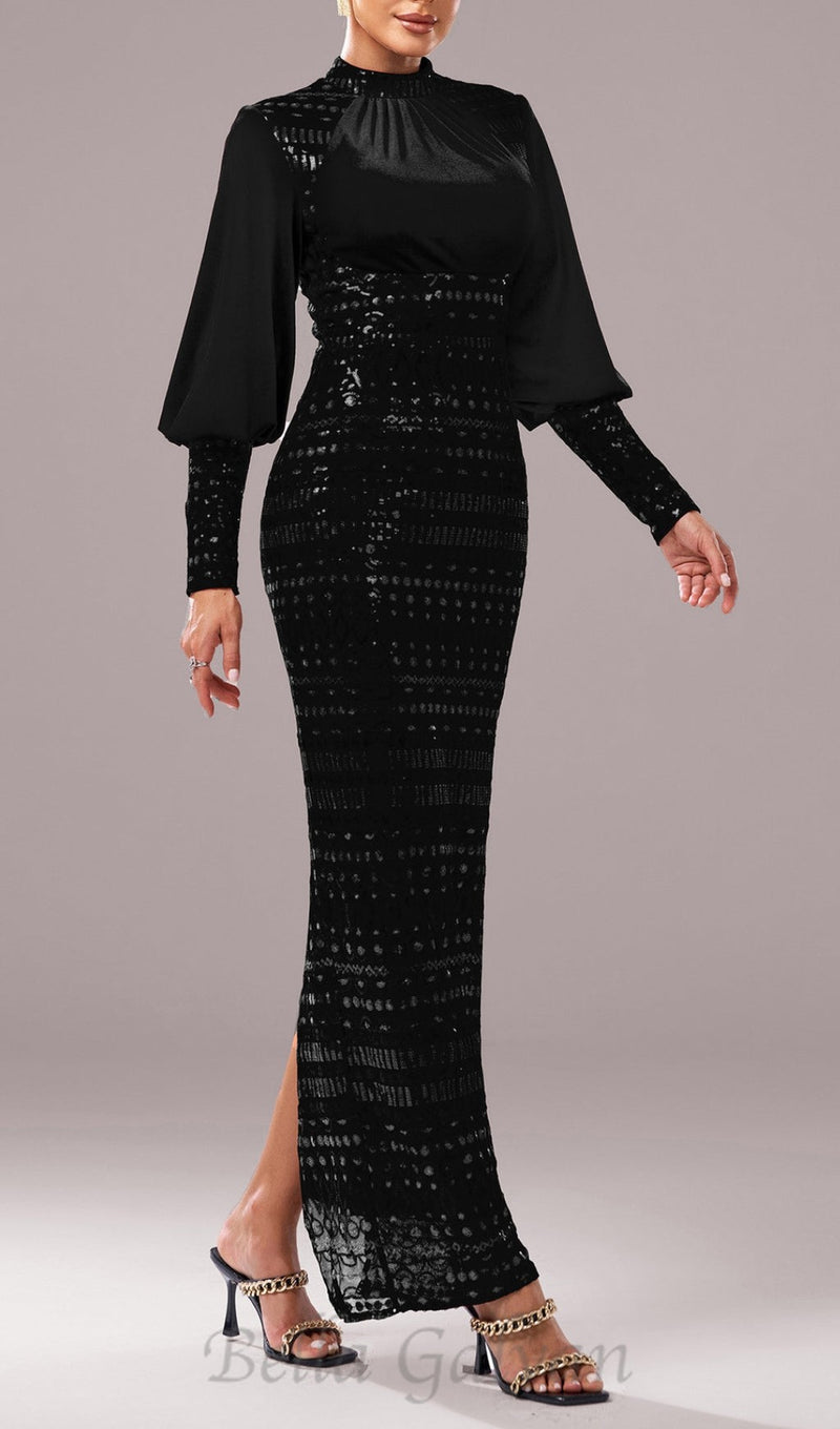 sequin long sleeve maxi dress in black