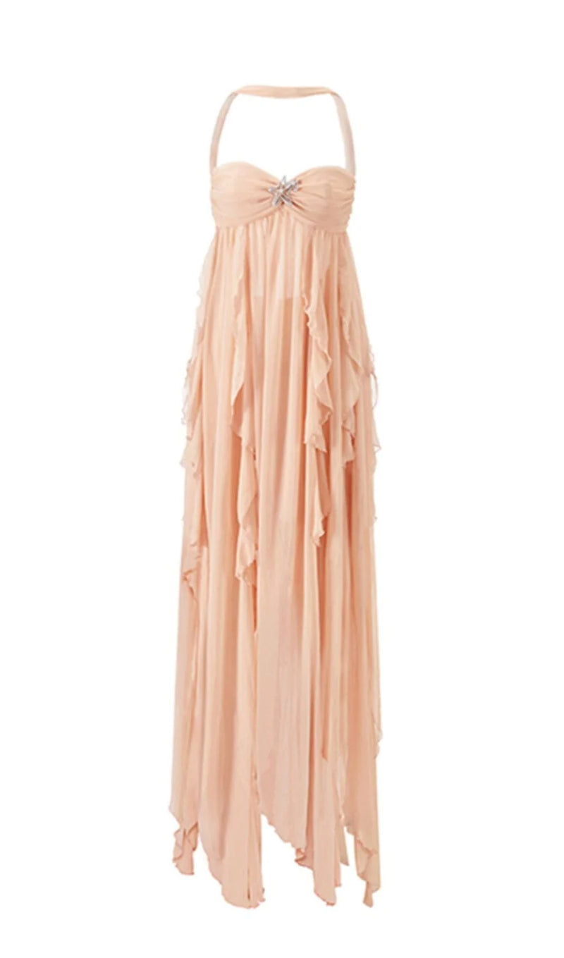 LACE IRREGULAR MAXI DRESS IN PINK