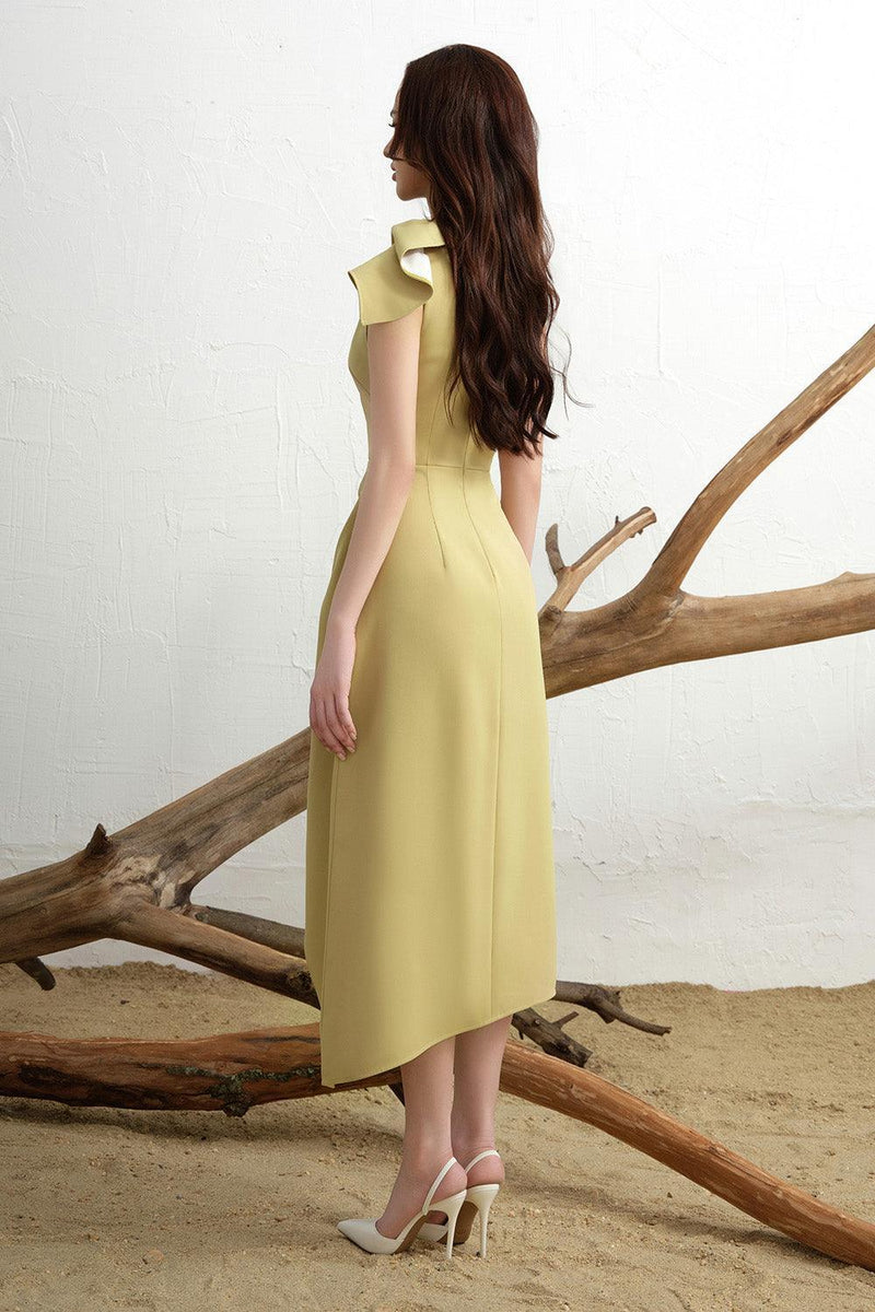 Calla Yellow Asymmetric Front Slit Twill Midi Dress