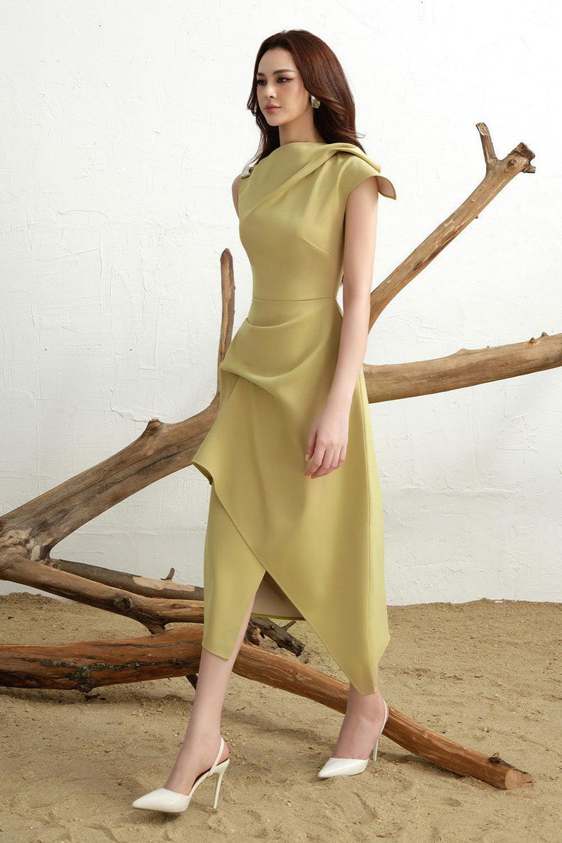 Calla Yellow Asymmetric Front Slit Twill Midi Dress