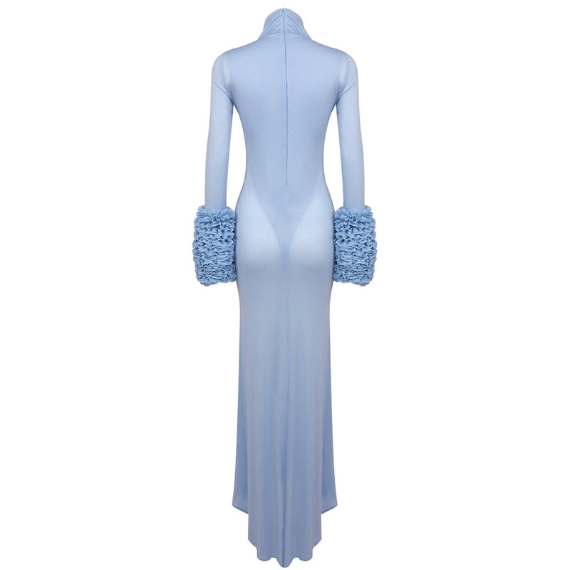 MICHELLE RUFFLED TURTLENECK MAXI DRESS IN PALE BLUE