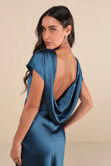 satin cowl back maxi dress in dark teal