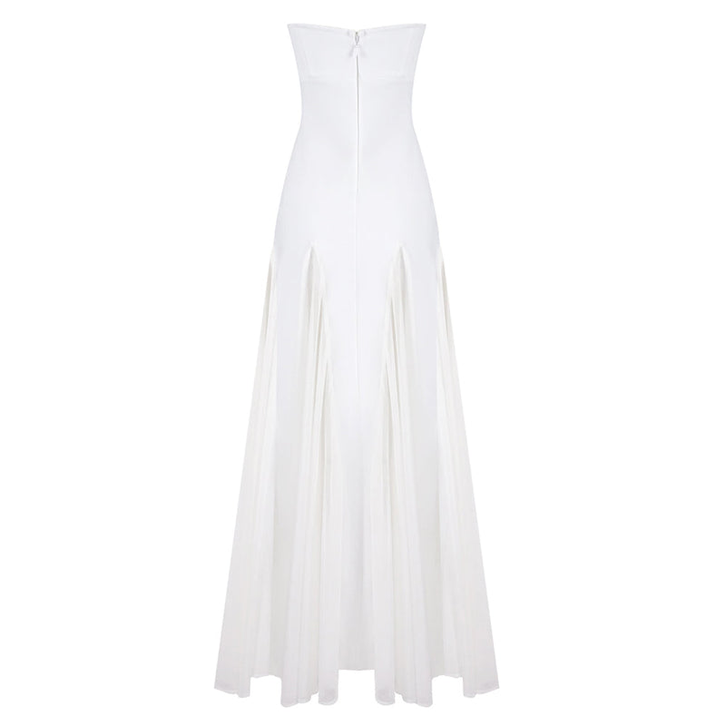 pleated trim strapless maxi dress in white