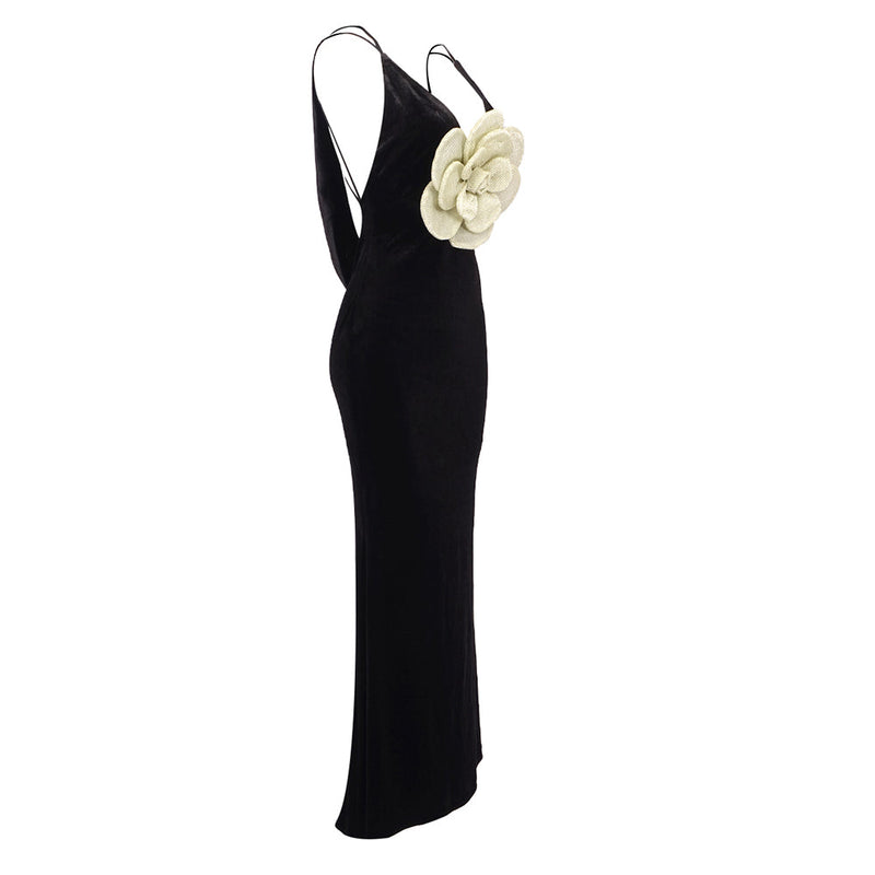 HARRIET GOLD 3D FLOWER BODYCON BLACK MAXI DRESS