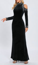 sequin embellished long sleeve maxi dress in black