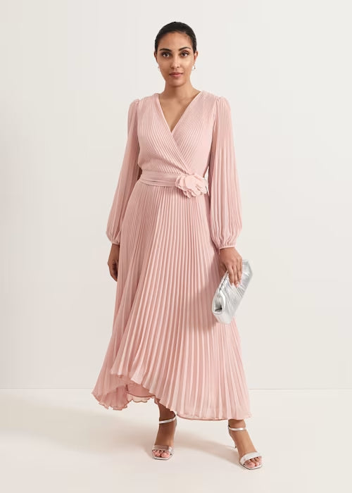 lantern sleeve pleated maxi dress in pale pink