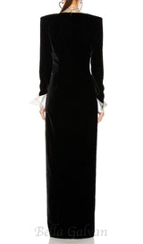 CROWN BLACK LONG SLEEVE V-NECK MAXI DRESS