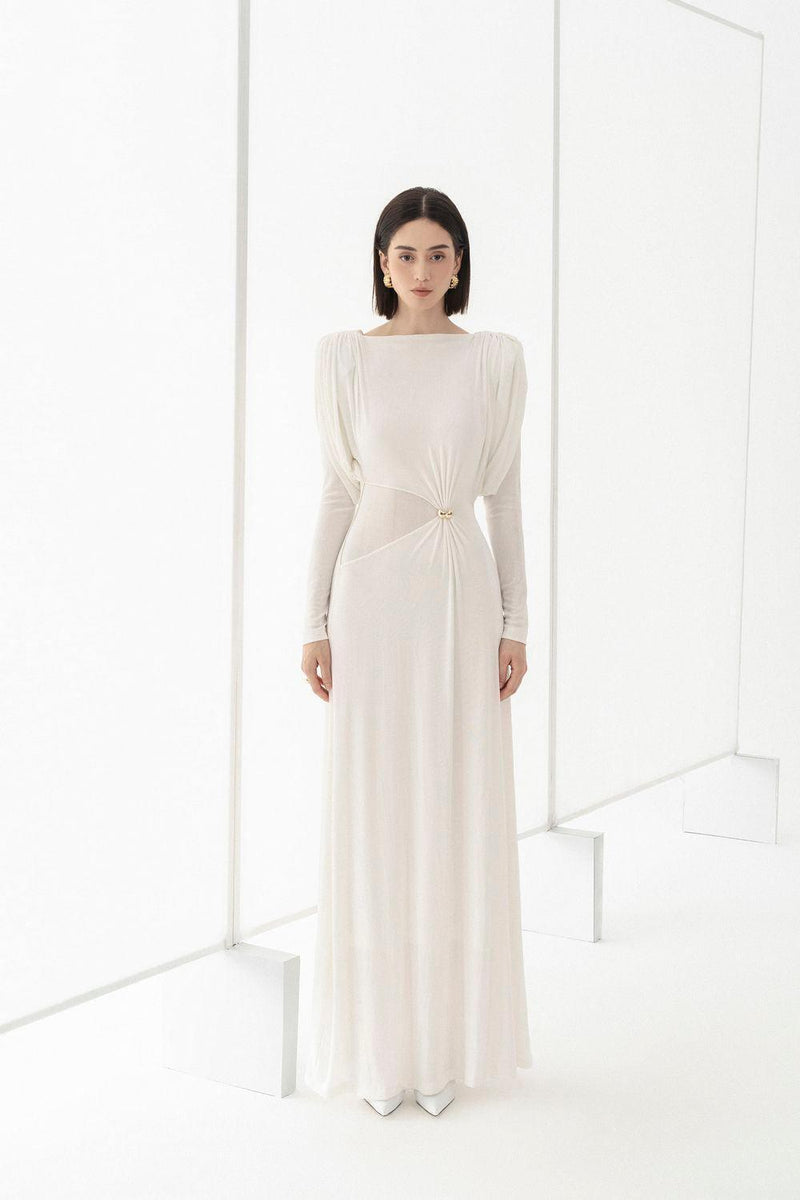 white straight boat neck knitted fabric maxi dress