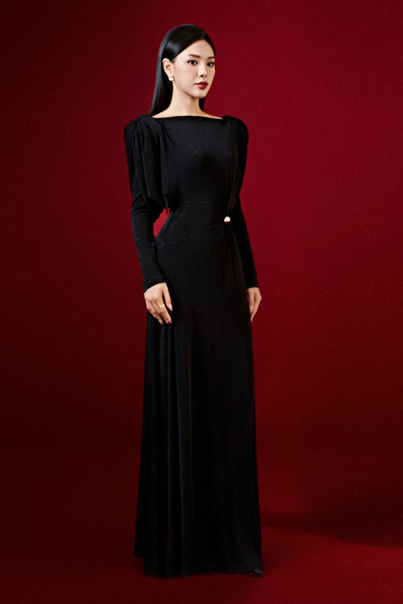 black straight boat neck knitted fabric maxi dress