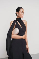 Yen Layered High Neck Floss Silk maxi Dress in black