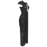 BRIANNA DRAPED KEYHOLE BODYCON GOWN IN BLACK