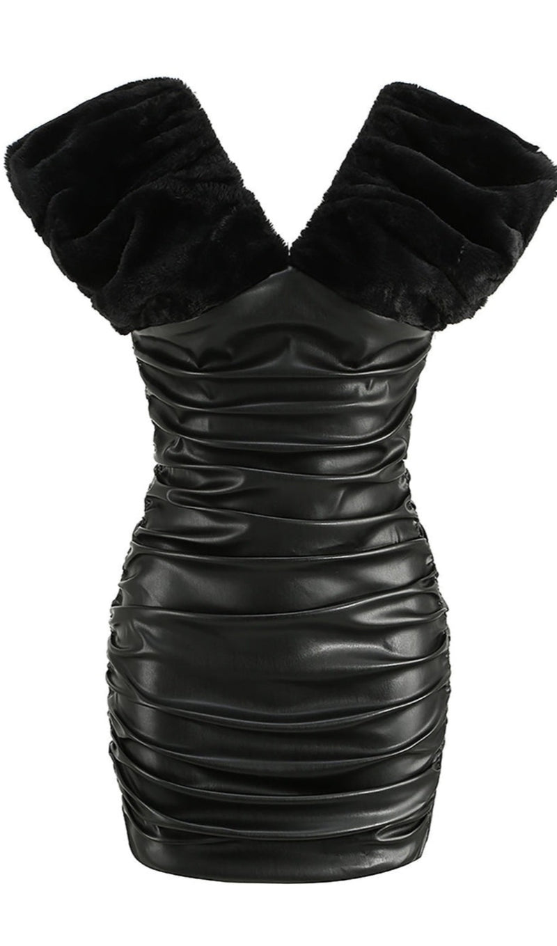 BLACK RUCHED SHAWL LEATHER COAT DRESS