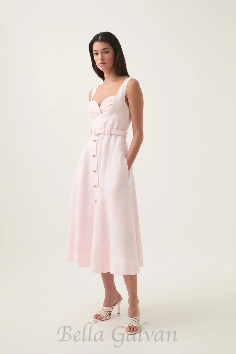 sweetheart neckline belted midi dress in pink