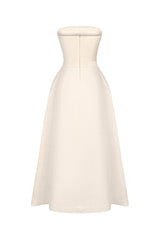 STRAPLESS STRAIGHT NECK MIDI DRESS IN CREAM WHITE