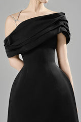 ELLEN ASYMMETRIC NECK TAFFETA MINI DRESS IN BLACK