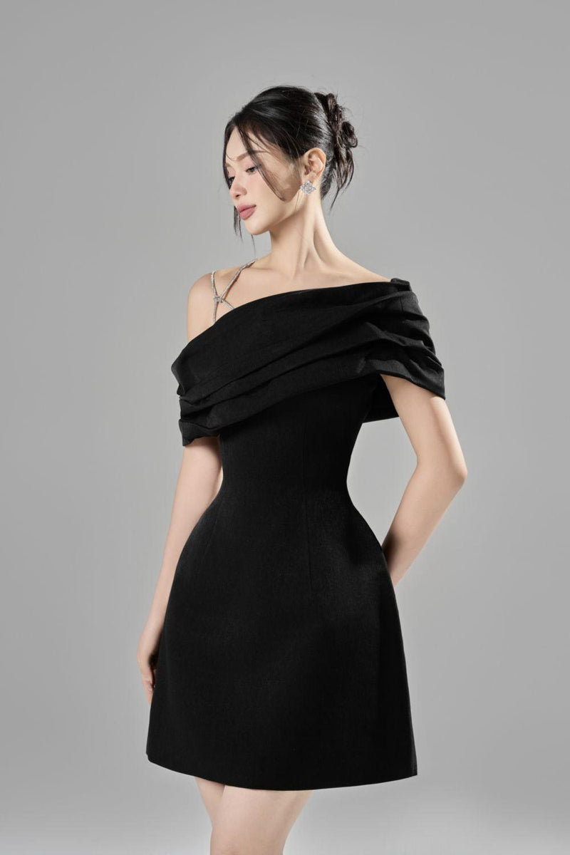 ELLEN ASYMMETRIC NECK TAFFETA MINI DRESS IN BLACK