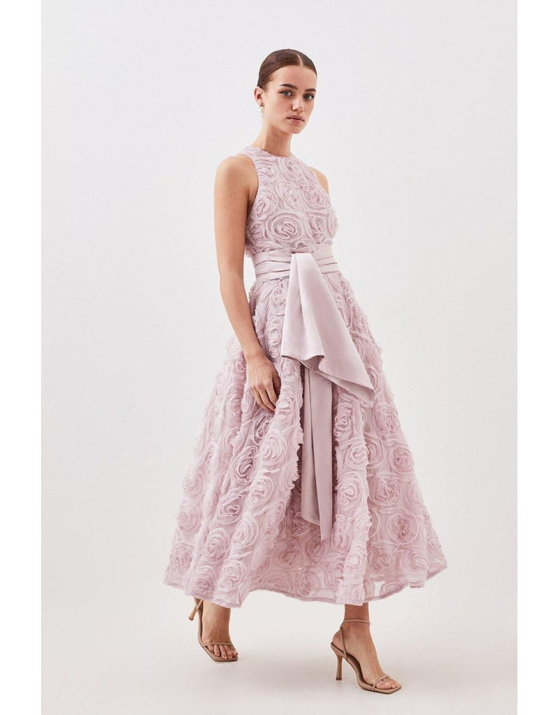 ROSETTE TULLE SATIN WOVEN BELT MIDI DRESS IN PINK