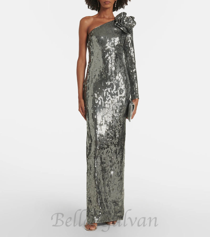 Floral-appliqué sequin gown in silver