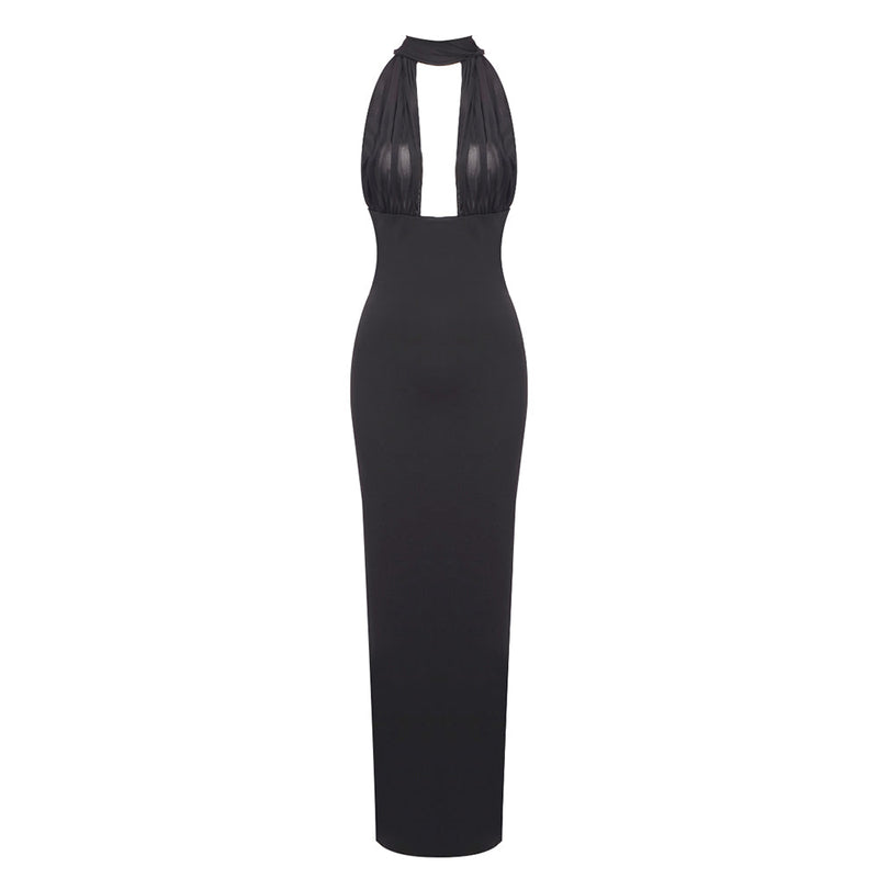 MERRY BLACK SHEER MESH UPPER PONTE LOWER MAXI DRESS