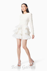 Ruffle trim Long Sleeved Mini Dress in white